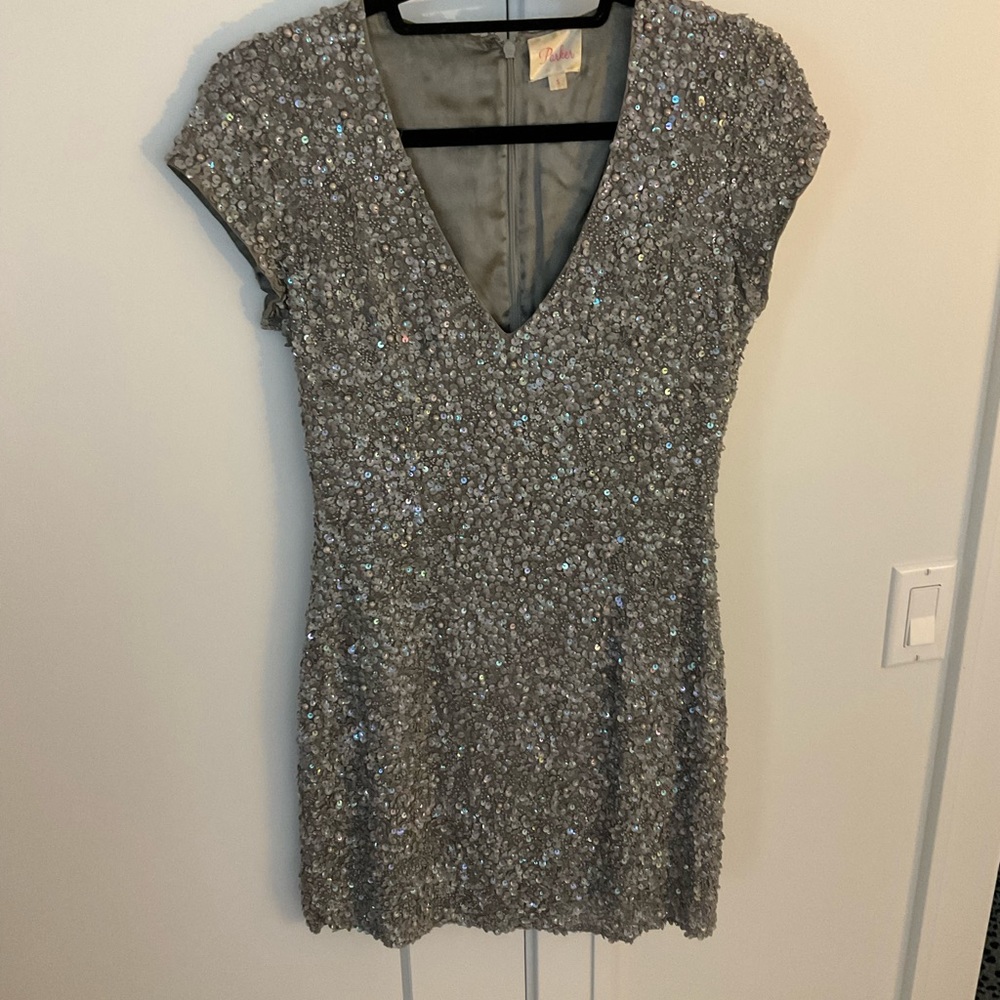 Parker Serena Silver & Grey Embellished Mini Dress size small